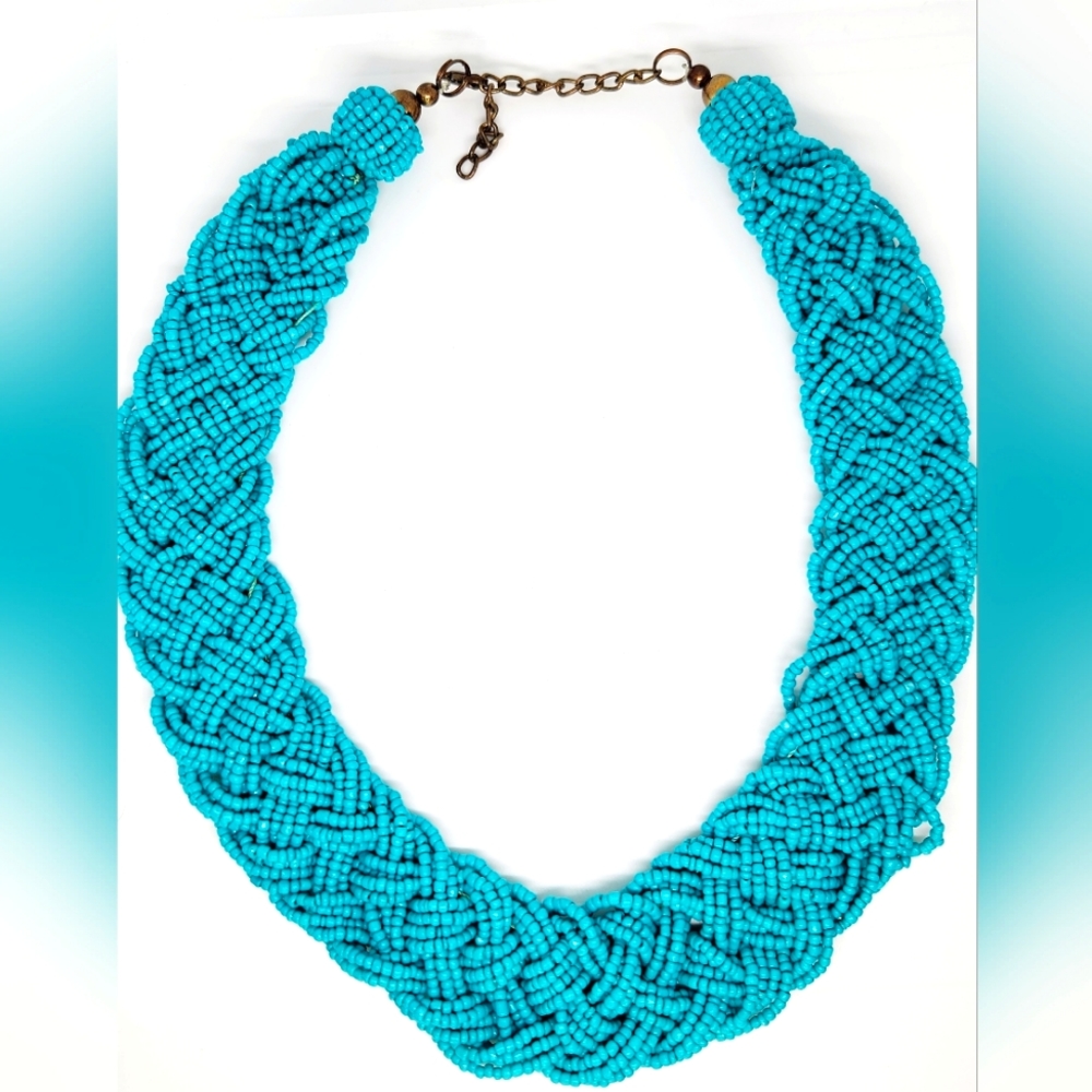 Vintage Turquoise Color Seed Bead Braided Necklace Thick Chunky Southwest Choker